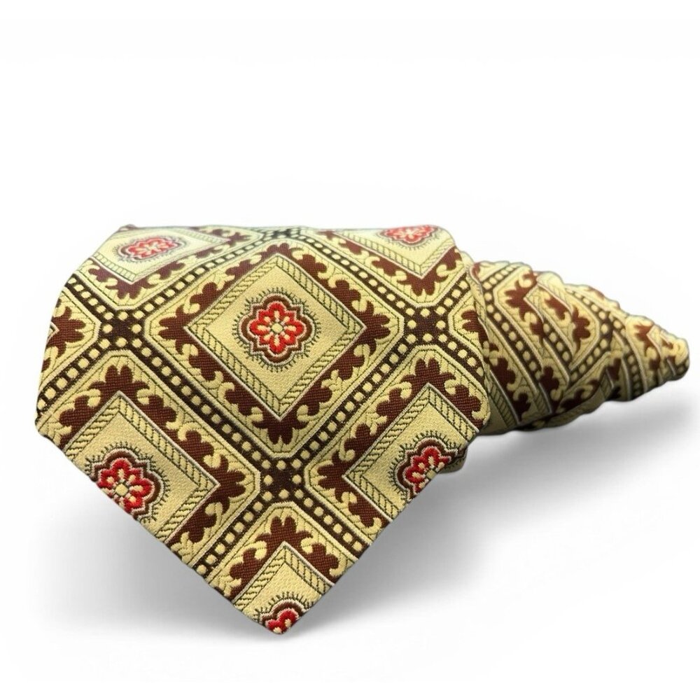 Vintage 70s Johnny Carson Tie Yellow Brown Red Abstract Necktie Made in the USA